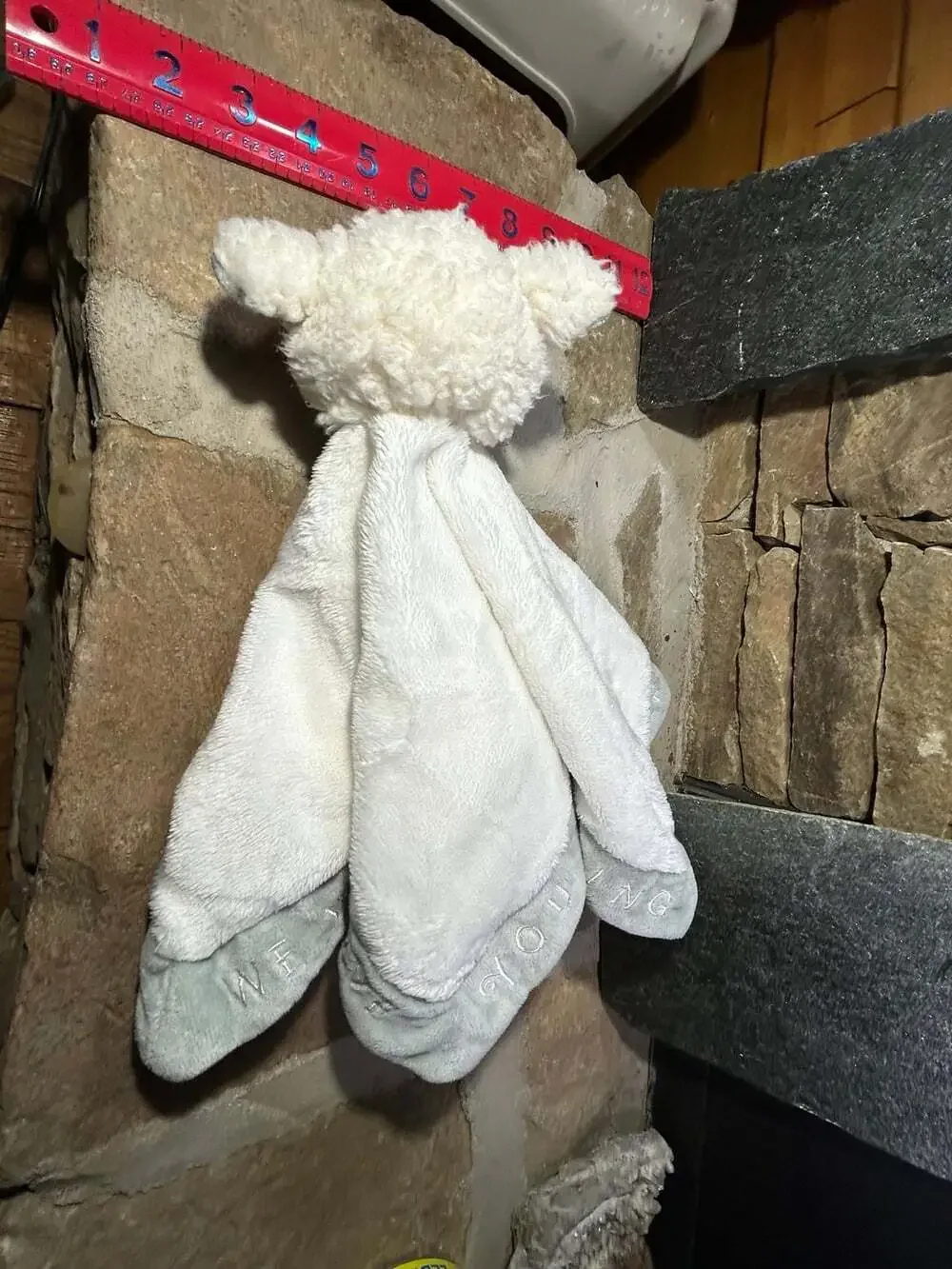 Grasslands Road white lamb sheep lovey with writing on edges